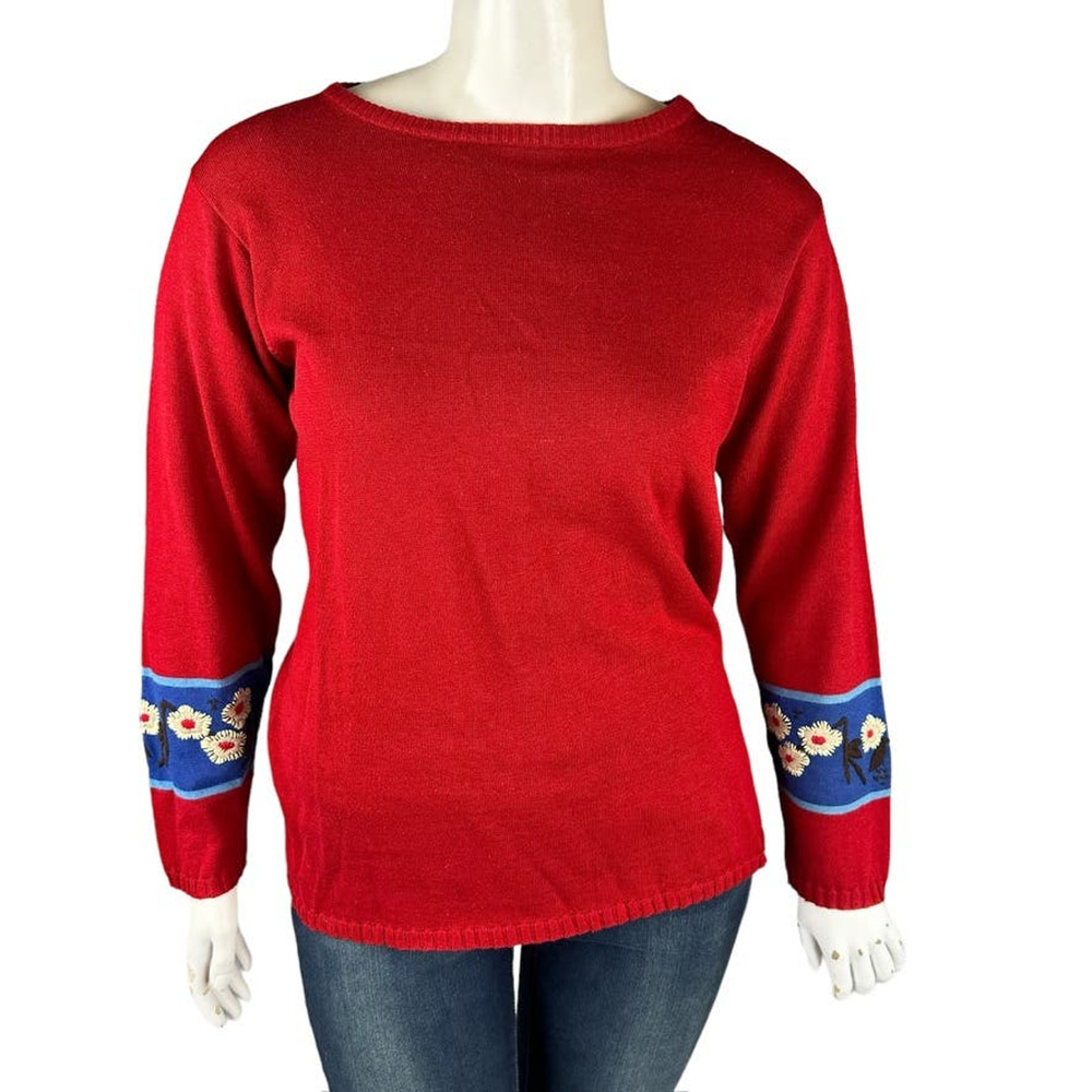 New Vintage River Ridge Womans Large Sweater Red Long Sleeve Floral Embroidery
